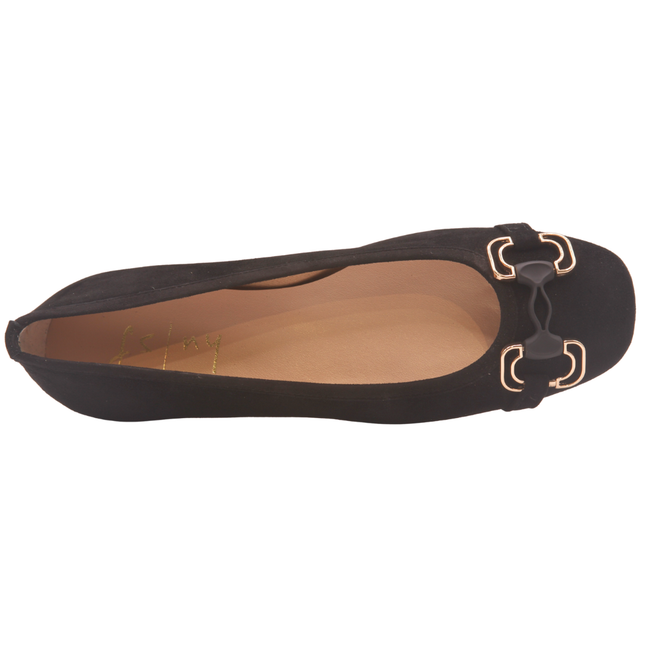 black suede ballet flat with a low heel and a gold-accented buckle detail on the front. top view 