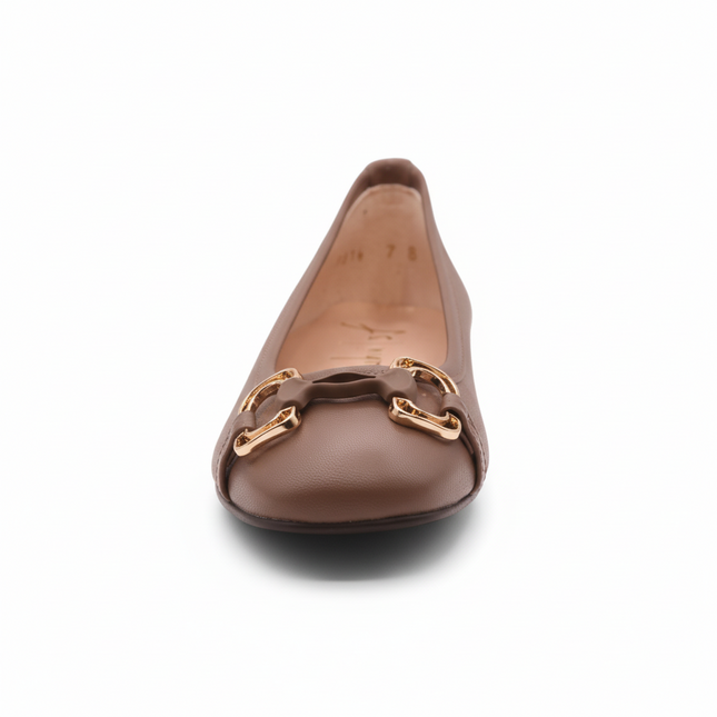 Taupe Leather ballet flat with a low heel and a gold-accented buckle detail on the front. front view 