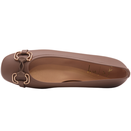 Taupe Leather ballet flat with a low heel and a gold-accented buckle detail on the front. top view 