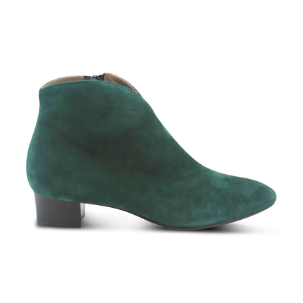 Hunter Green suede ankle boot with a low block heel and a smooth, minimal silhouette. side view 