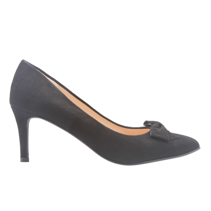 black suede high heel with matching black suede bow pointed toe  side view 