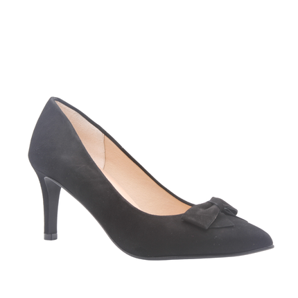 black suede high heel with matching black suede bow pointed bow angle view 