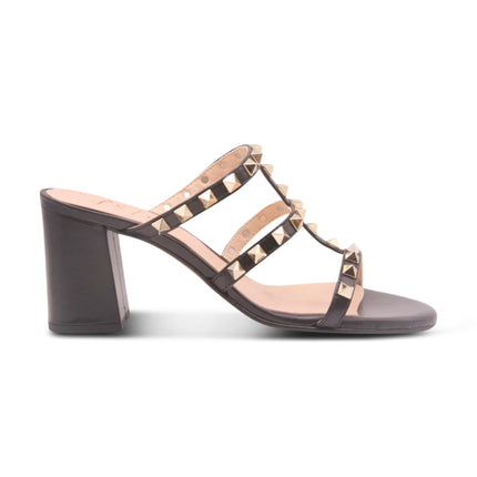 black leather block heel sandal with gold studs on the straps side view 