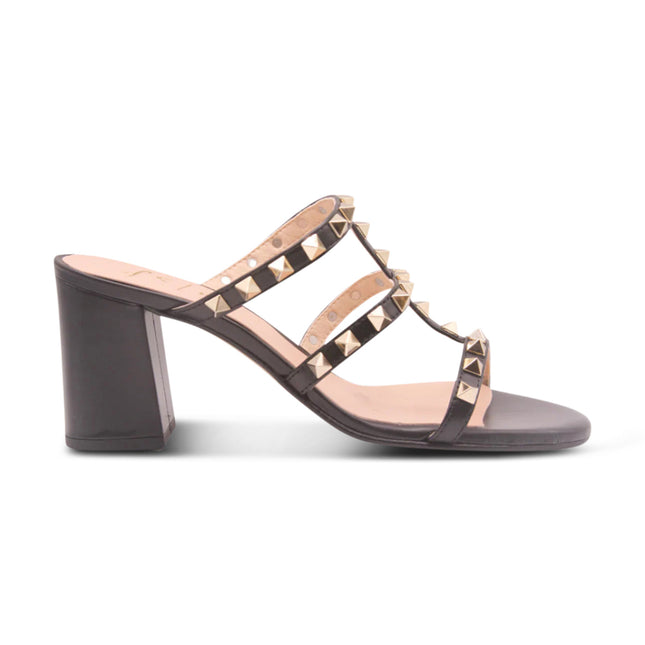 black leather block heel sandal with gold studs on the straps side view 