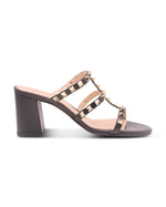 black leather block heel sandal with gold studs on the straps side view 