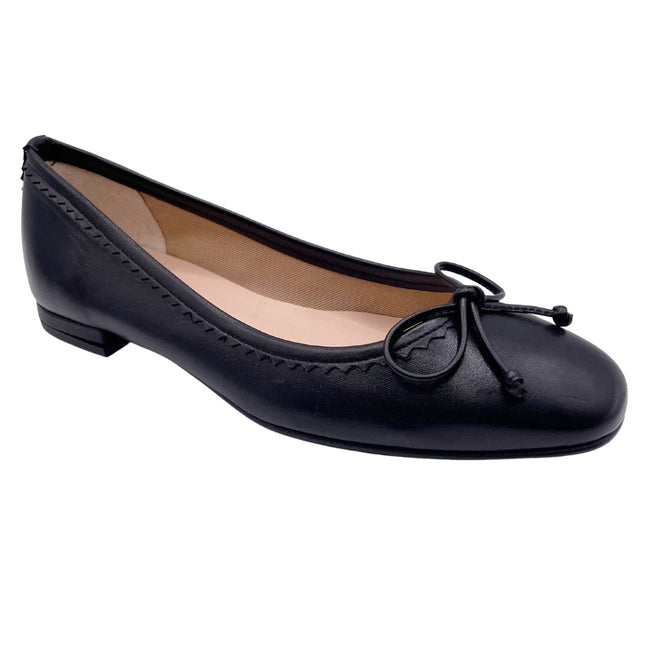 Black leather ballet flat with a rounded toe, leather trim on top line, and a small bow on the front. Angle View