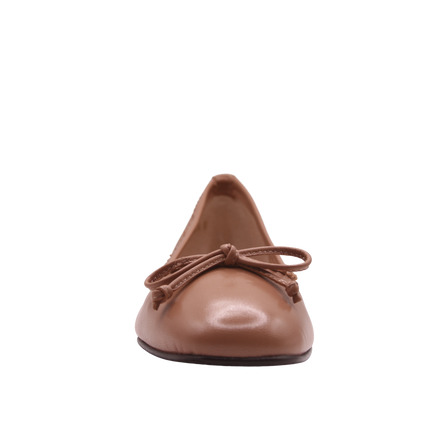 cappuccino leather ballet flat with a rounded toe, leather trim on top line, and a small bow on the front. front view 