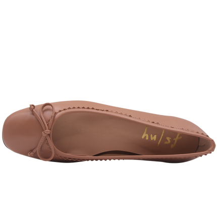 cappuccino leather ballet flat with a rounded toe, leather trim on top line, and a small bow on the front. top view 