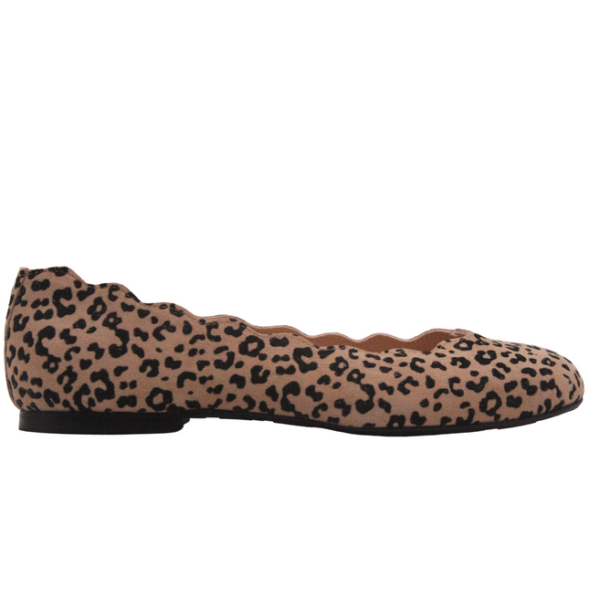 A beige suede cheetah print flat shoe with scalloped edge along the topline side view 