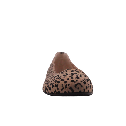 A beige suede cheetah print flat shoe with scalloped edge along the topline front view 