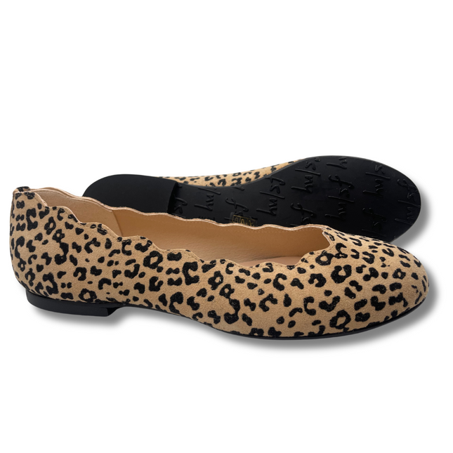 A beige suede cheetah print flat shoe with scalloped edge along the topline side view and sole view 