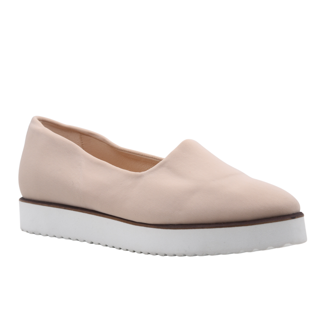 beige slip on loafer. Beige elastic upper white Lightweight EVA Rubber Sole angle view 