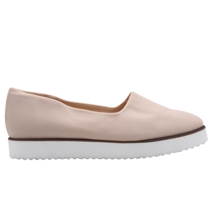 beige slip on loafer. Beige elastic upper white Lightweight EVA Rubber Sole side view 