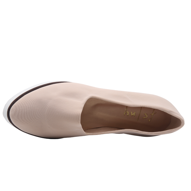 beige slip on loafer. Beige elastic upper white Lightweight EVA Rubber Sole top view 