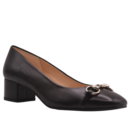 ANGLE VIEW BLACK LEATHER LOW BLOCK HEEL WITH SLIVER BUCKLE 