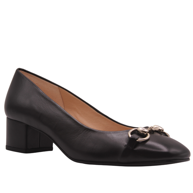 ANGLE VIEW BLACK LEATHER LOW BLOCK HEEL WITH SLIVER BUCKLE 