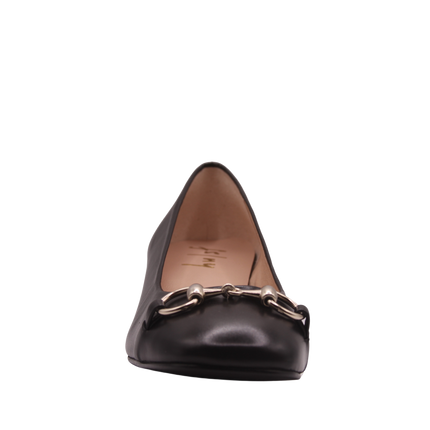 FRONT VIEW BLACK LEATHER LOW BLACK HEEL SLIVER BUCKLE 