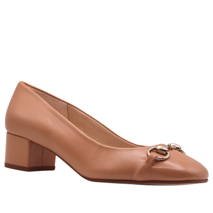 tan leather low block heel with sliver buckle Angle view 