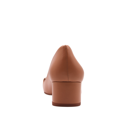tan leather low block heel with sliver buckle back view 