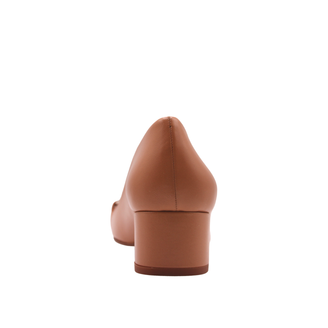 tan leather low block heel with sliver buckle back view 