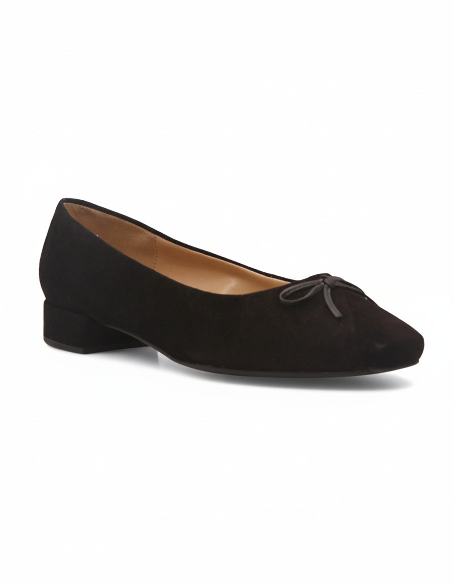 black suede ballet flat with black bow angle view 