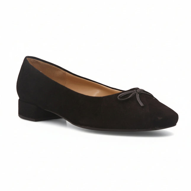 black suede ballet flat with black bow angle view 