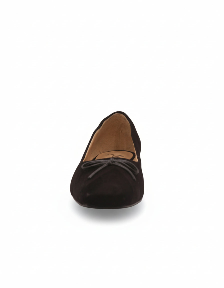 front view of black suede ballet flat 