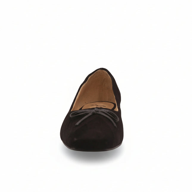 front view of black suede ballet flat 