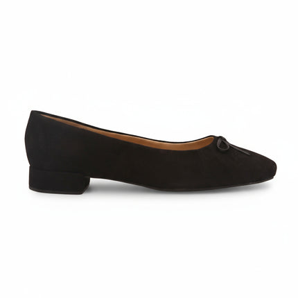 Black suede ballet flat with black bow side view 