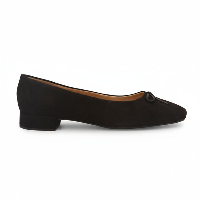 Black suede ballet flat with black bow side view 