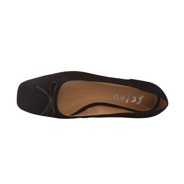 Top view if a black suede ballet flat with black bow 