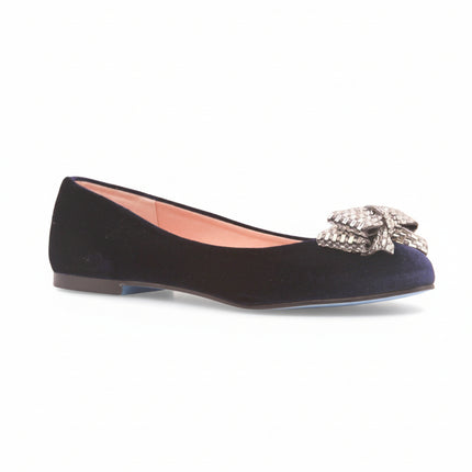 blue velvet flat with a low heel and a crystal-embellished bow on the toe round toe angle view
