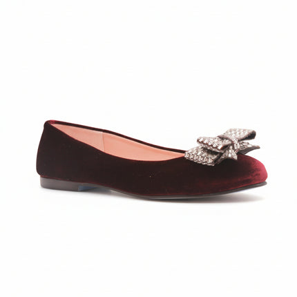 red velvet flat with a low heel and a crystal-embellished bow on the toe round toe angle view