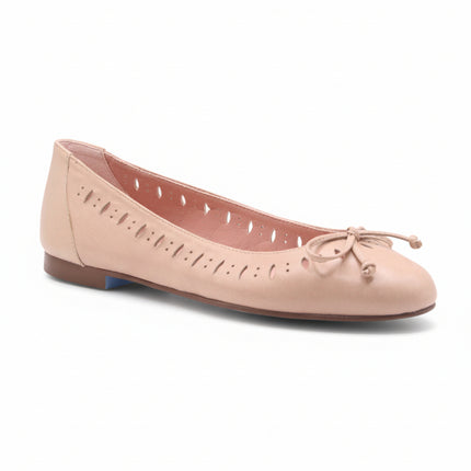 beige leather flat with geometric cutout along the top line and matching beige leather bow angle view 