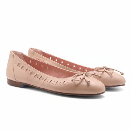 both beige leather ballet flat with matching beige leather bow and geometric cut outs 