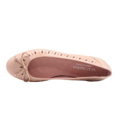 beige leather flat with geometric cutout along the top line and matching beige leather bow top view 