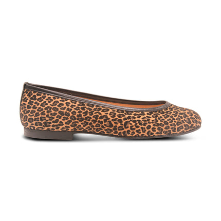 Leopard-print suede ballet flat with a rounded toe and black leather trim. Side view