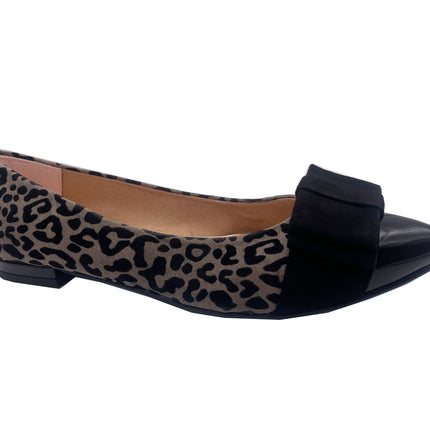 Grey leopard suede ballet flat with a black pointed patent toe and a layered suede bow on the front angle view 