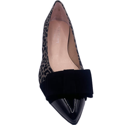 Grey leopard suede ballet flat with a black pointed patent toe and a layered suede bow on the front top view 