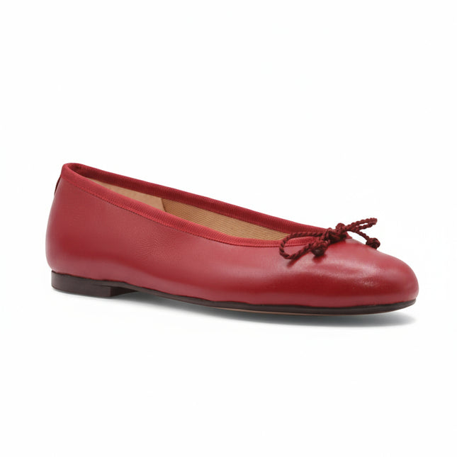 Red ballerina shoe with a DRAWSTRING bow on a white background