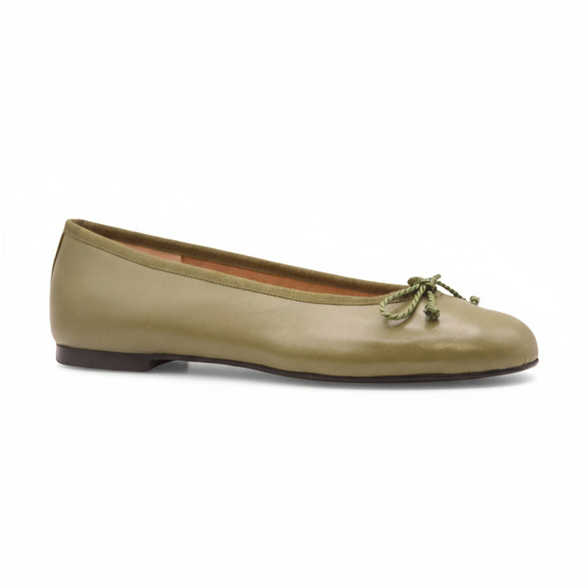 Olive Leather (green) ballet flat with a matching drawstring bow Angle View 