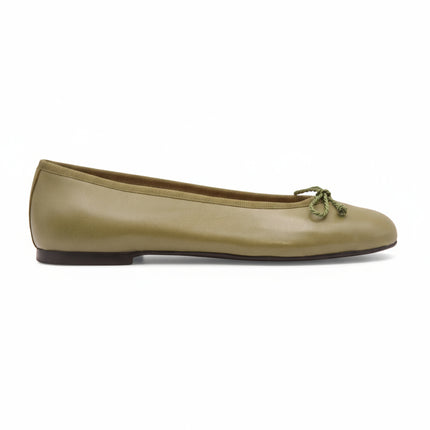 Olive Leather (green) ballet flat with a matching drawstring bow Side View 