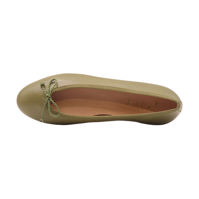 Olive Leather (green) ballet flat with a matching drawstring bow Top View 