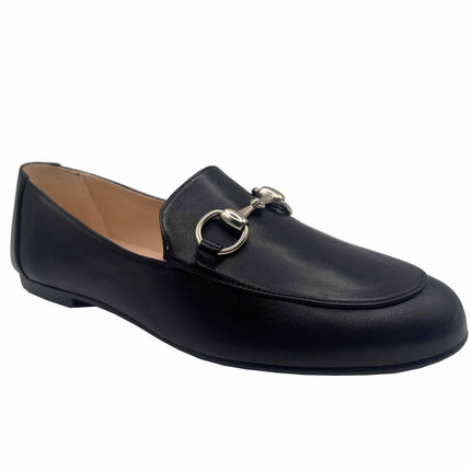 angle view of black leather loafer with sliver buckle - slip on loafer 