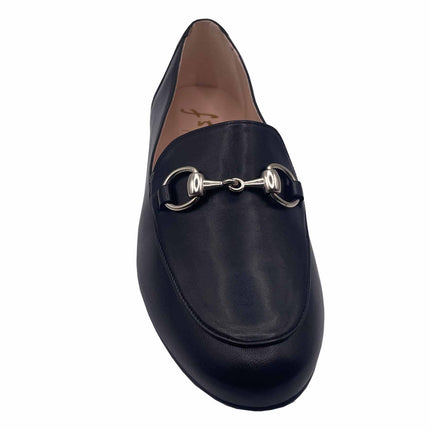 top of black leather loafer with sliver buckle 
