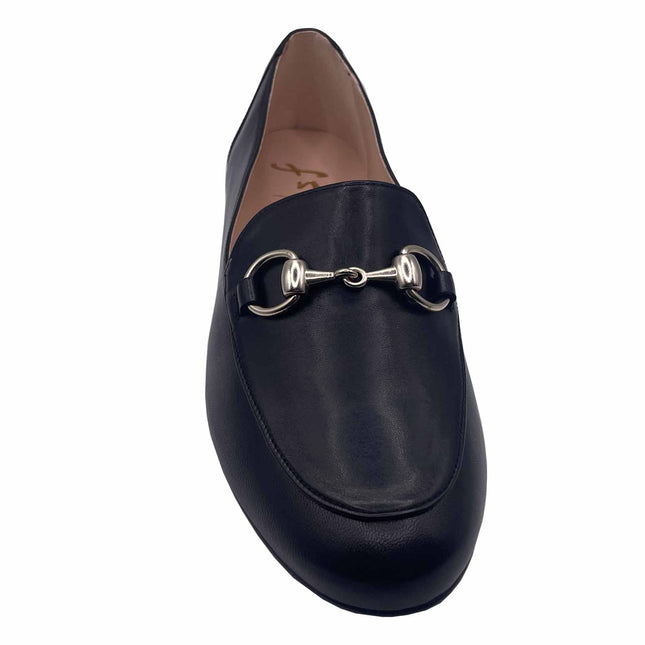 top of black leather loafer with sliver buckle 