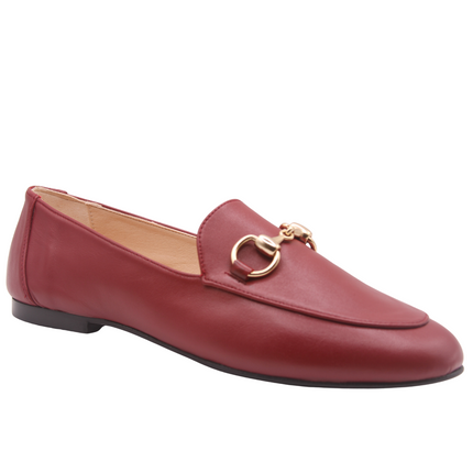 Burgundy (red) leather loafer with gold buckle detail angle view slip on loafer 