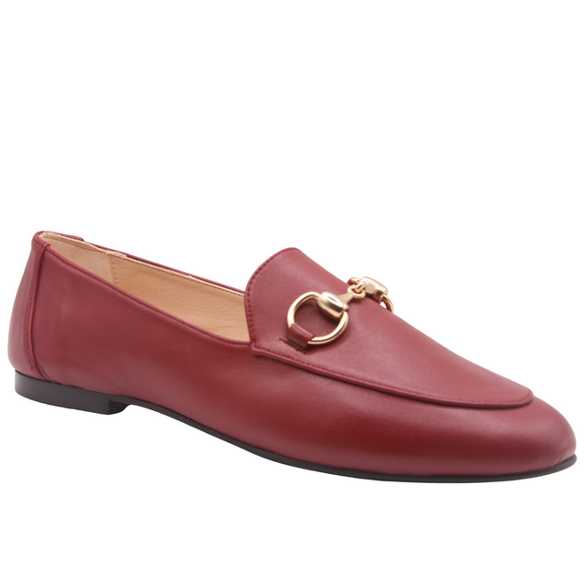 Burgundy (red) leather loafer with gold buckle detail angle view slip on loafer 
