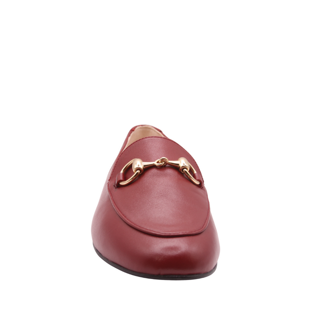 front of burgundy (red) leather loafer with gold buckle detail. slip on loafer