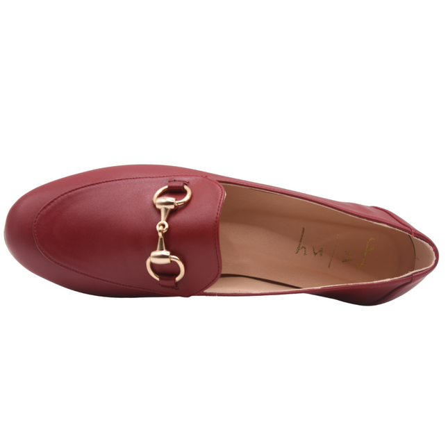 Top of Burgundy (red) loafer with gold buckle detail slip on shoe
